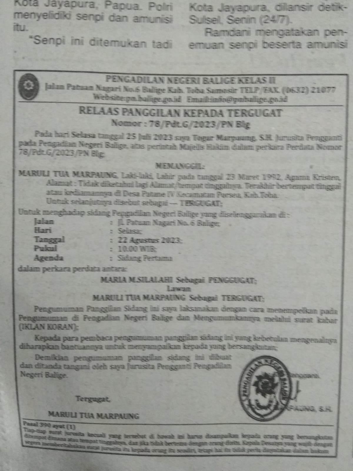 Relaas Panggilan Kepada Tergugat Nomor:78/Pdt.G/2023/PN Blg Relaas Panggilan Kepada Tergugat Nomor:78/Pdt.G/2023/PN Blg